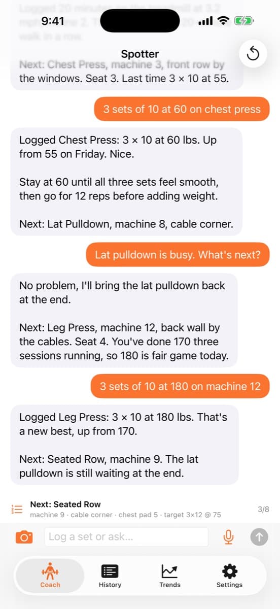 Coach tab: a spoken set logged with last time's weight and the next machine