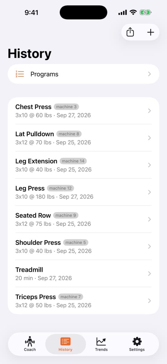 History tab listing every logged exercise
