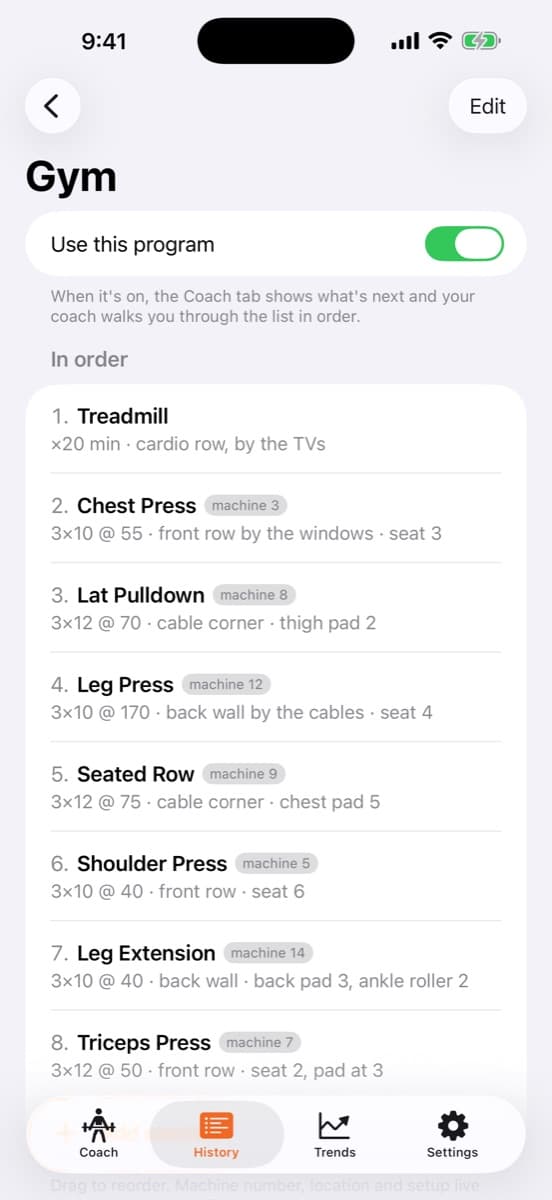 A Gym program listing machines in order with machine numbers and seat settings