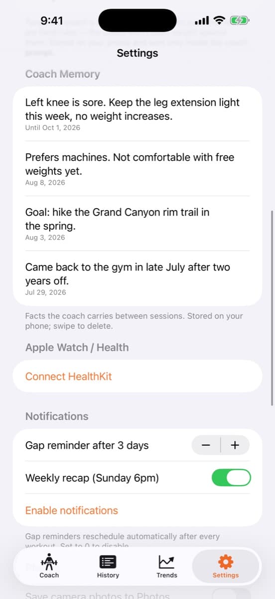 Coach Memory list: a sore left knee, a preference for machines, a hiking goal