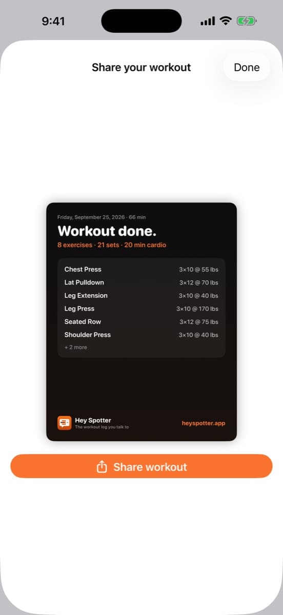 A shareable Workout done card